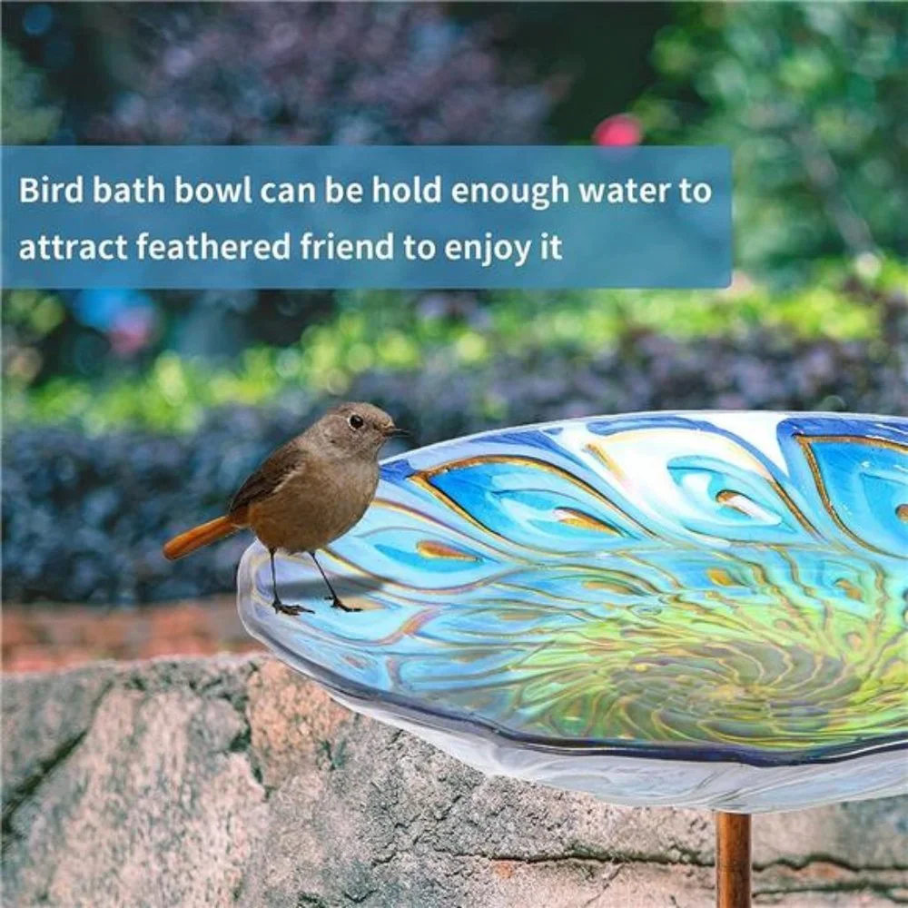 Glass Bird Bath, Garden Outdoor Birdbaths Birdfeeder with Metal Stake Peacock